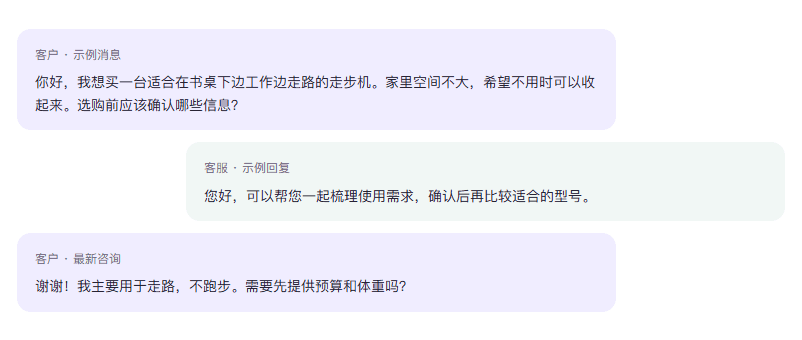 青尖示例会话页面:虚构客户咨询与客服回复,用于练习识别上下文
